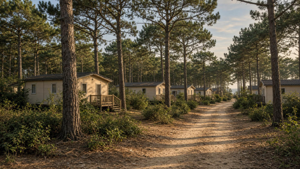 Allée d’un camping sous les pins